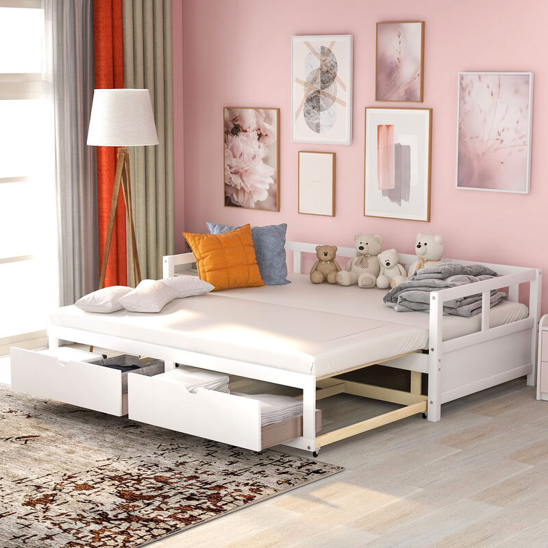 Wooden Daybed with Trundle and 2 Drawers