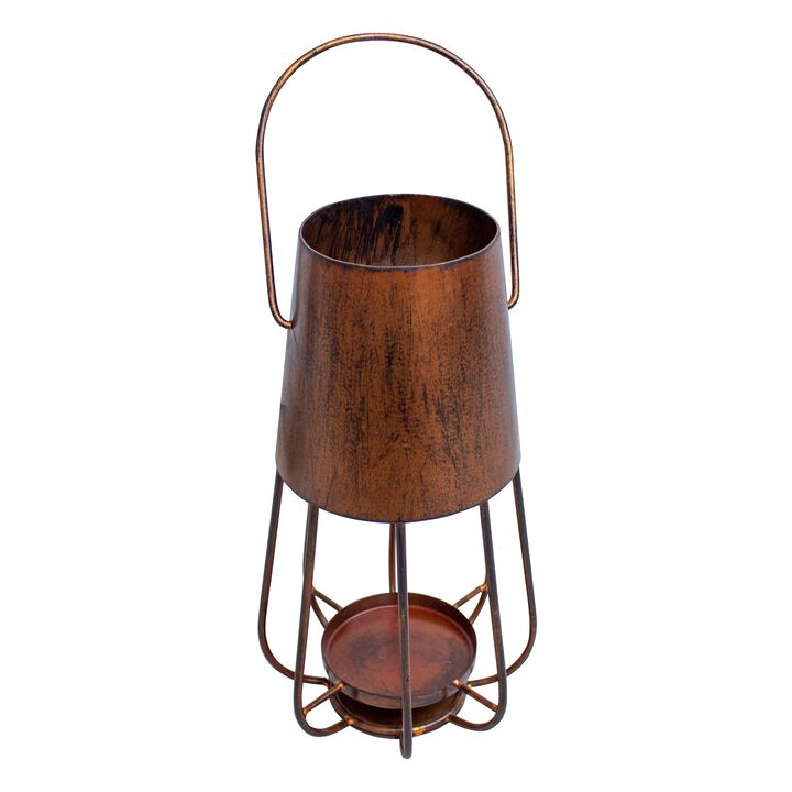 Ambient 12 Inch Vintage Style Iron Candle Stand Lantern, Sleek Curved Handle, Rustic Bronze-Benzara