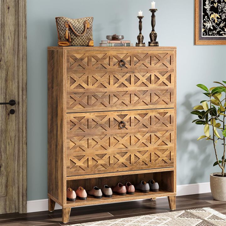 2-Flip Drawer Brown Freestanding Shoe Storage Cabinet, Narrow Entryway Organizer with Adjustable Shelves