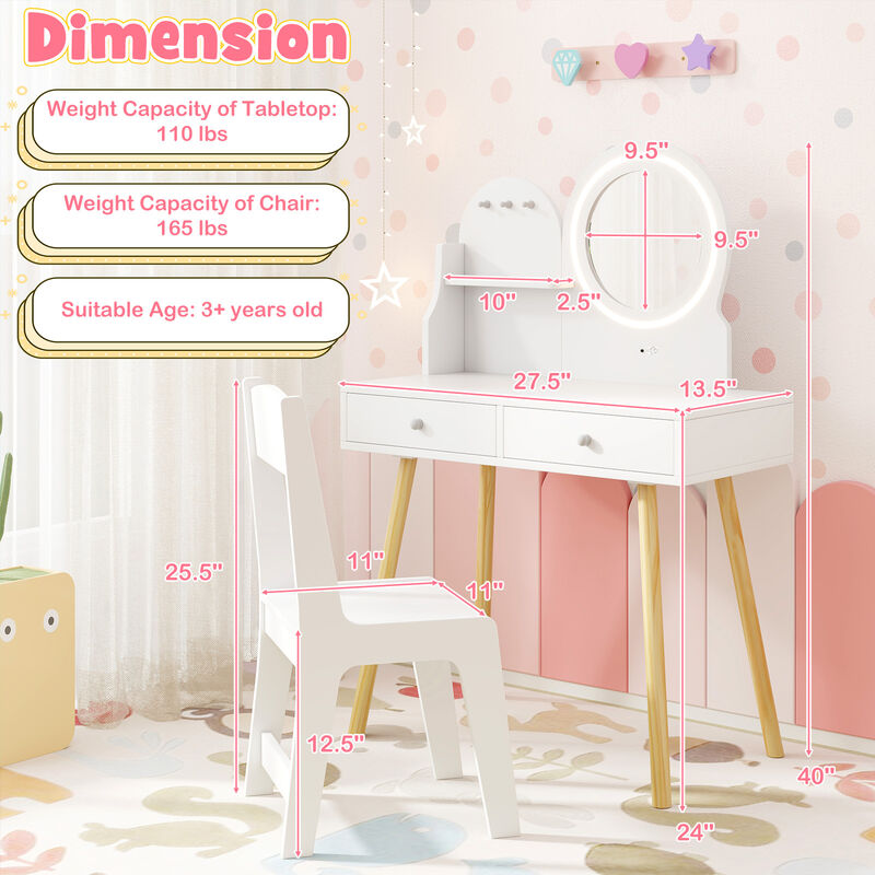 Kids Princess Makeup Dressing Desk and Chair Set with Mirror and Lights
