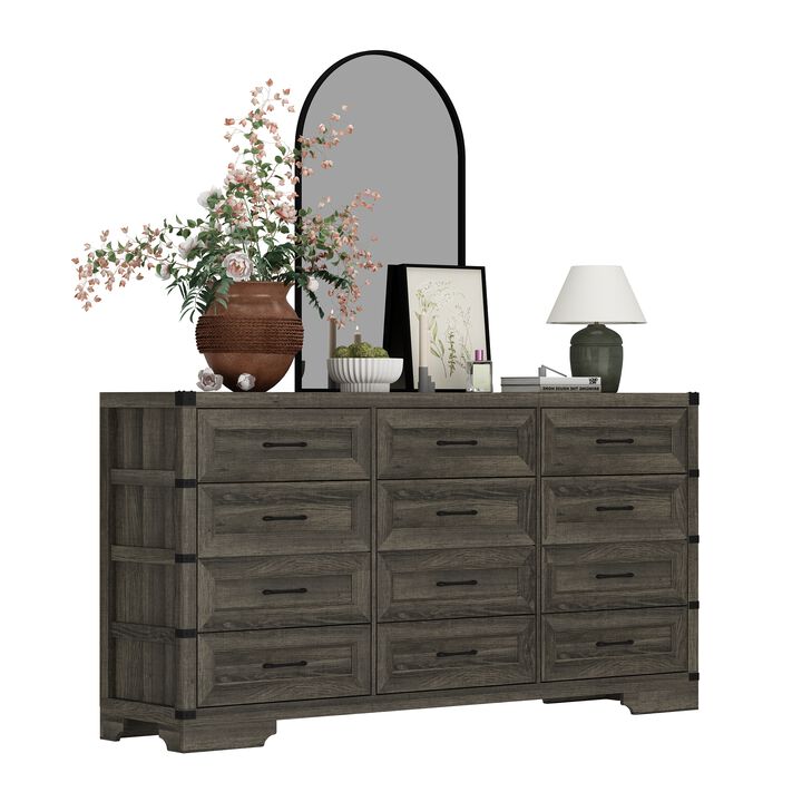 FUFU&GAGA 12-Drawer Dresser, Wood Storage Cabinet, Large dresser for Bedroom, Living Room, Hallway (63.4" W x 31.5" H x 15.4" D), Grey