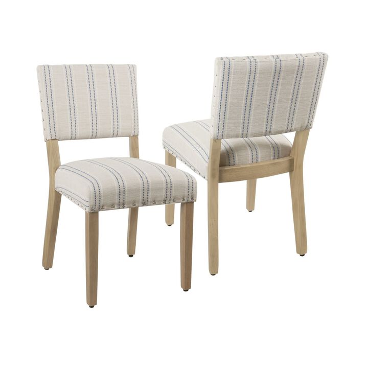 Wooden Dining Chair with Striped Pattern Fabric Cushioned Seat, Blue and White, Set of Two - Benzara