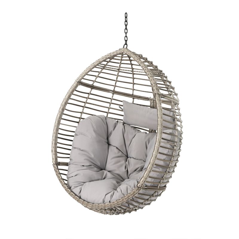 Jaya Outdoor Hanging Chair, Basket Shape, Gray Rattan, Steel, 47 Inch - Benzara