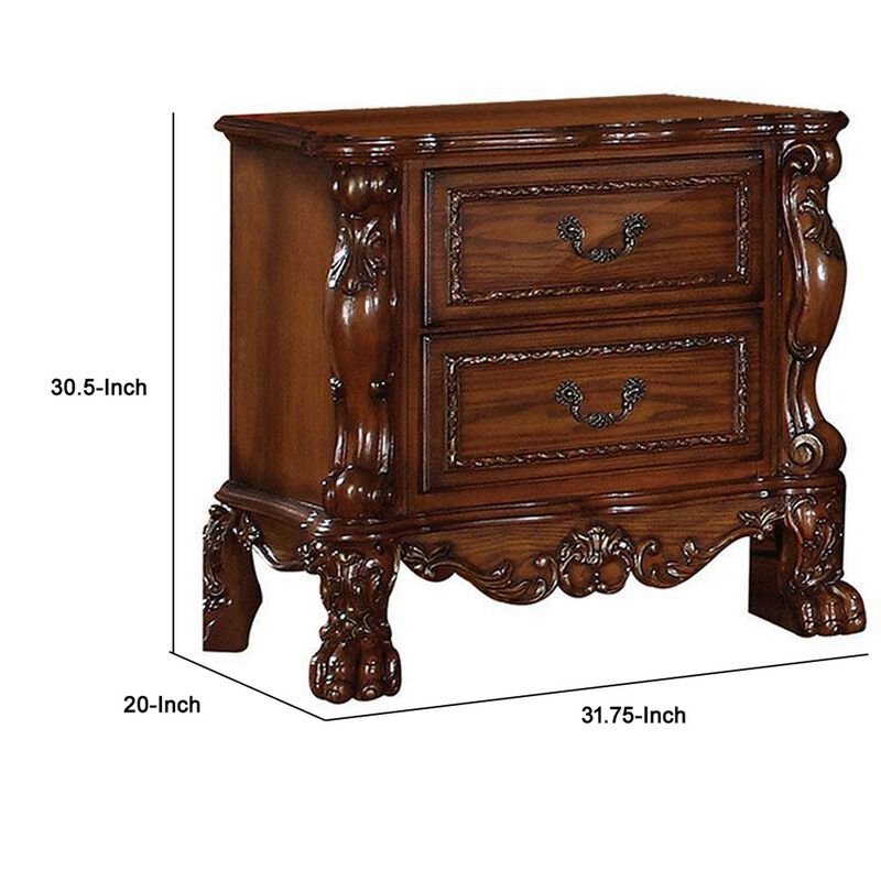 Wooden Night Stand with Two Drawer In Traditional Style, Brown - Benzara
