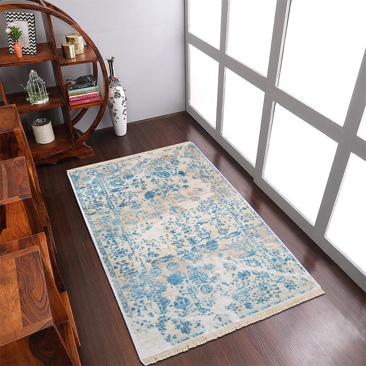 RUGSOTIC CARPETS MACHINE MADE POLYESTER AREA RUGS  - 8'x10', Rectangle Shape, Ivory Blue Color, Classic Oriental Traditional  Design, Low Pile Machine Made Area Rugs (M00075)