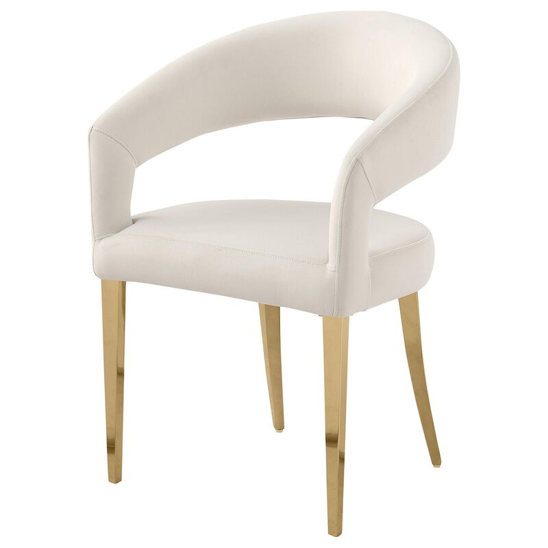 Liano Dining Chair Set of 2, Curved Open Back, Gold Legs, White Fabric - Benzara
