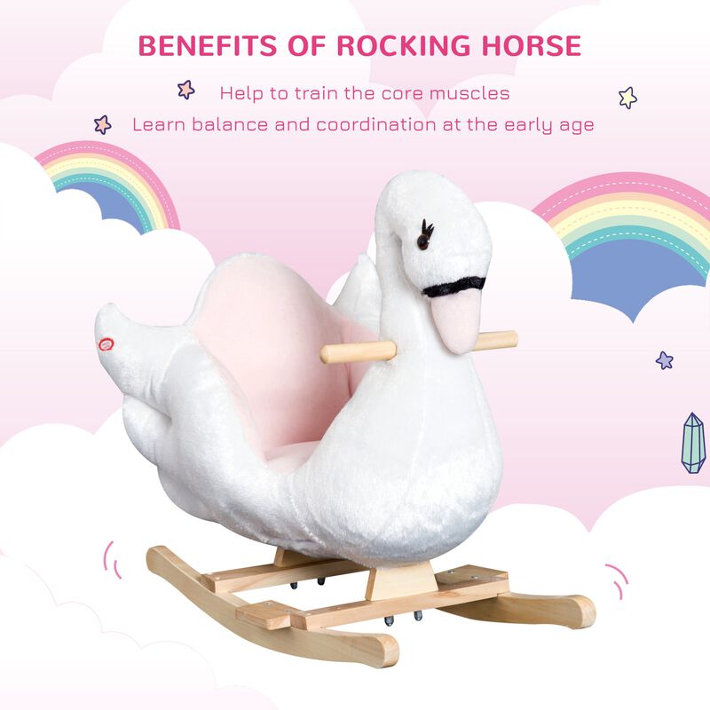 Elegant Avian Rocker: White/Pink Swan Rocking Horse with Music