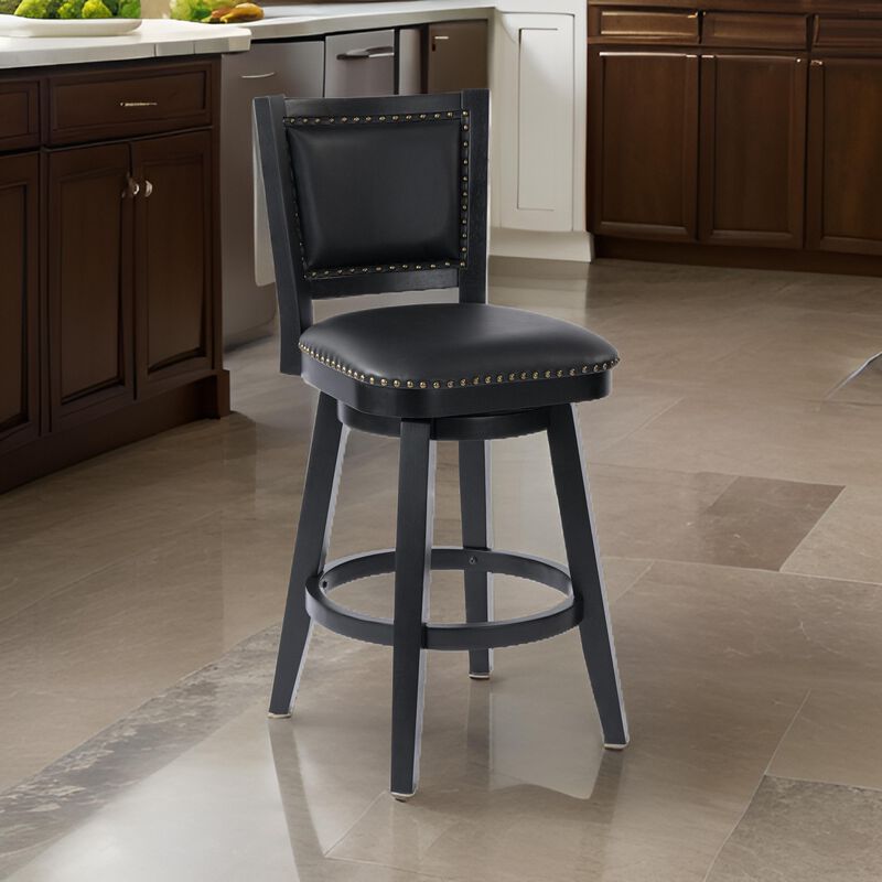 Kera Swivel Barstool Chair, Black Wood, Faux Leather, Nailhead Trim - Benzara