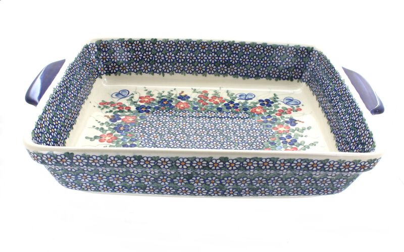 Blue Rose Polish Pottery Garden Butterfly Baker with Handles