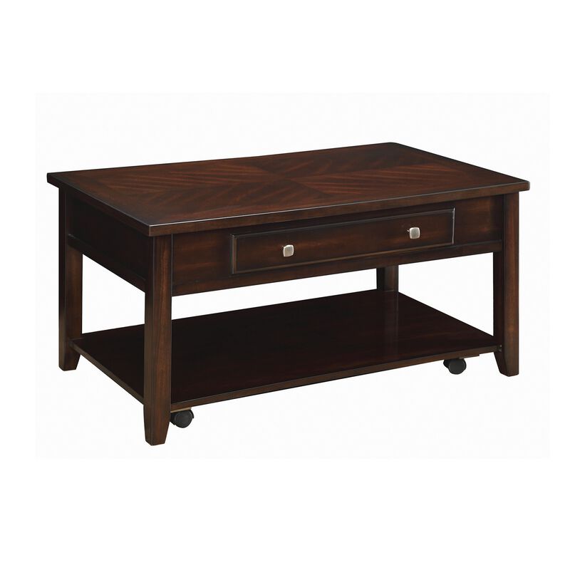 Modern Lift Top Wooden Coffee Table With Storage & Shelf, Walnut Brown-Benzara