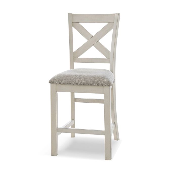 Lea Counter Height Chair Set of 2, White Solid Wood, Gray Polyester - Benzara