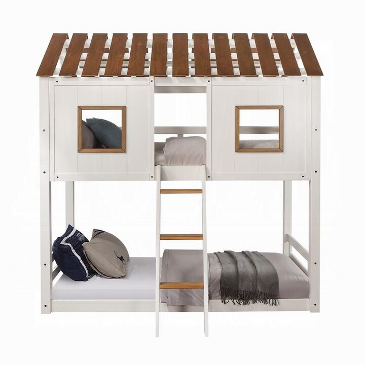 Nara Twin Size Bunk Bed, House Design with Ladder, White Rustic Wood - Benzara