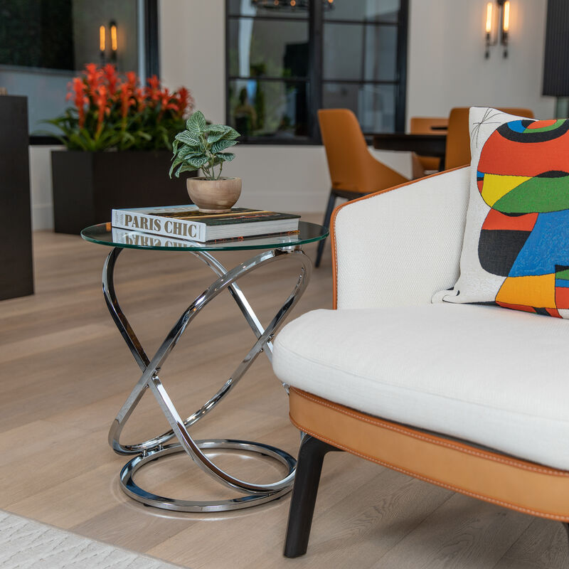 Galaxy Tempered Glass Round End Table with Cross Base Metal Frame