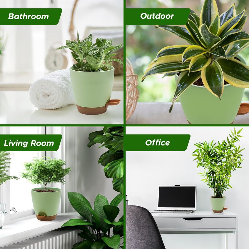 Campior Self-Watering Planters - 5 Size Indoor and Outdoor Plant Pots with Drainage Holes and Wick Rope, Plastic Pot for Succulents, Flowers, and Plants, (7”,6.5”,6”,5.5”,5” Inches), Pack of 20, Black
