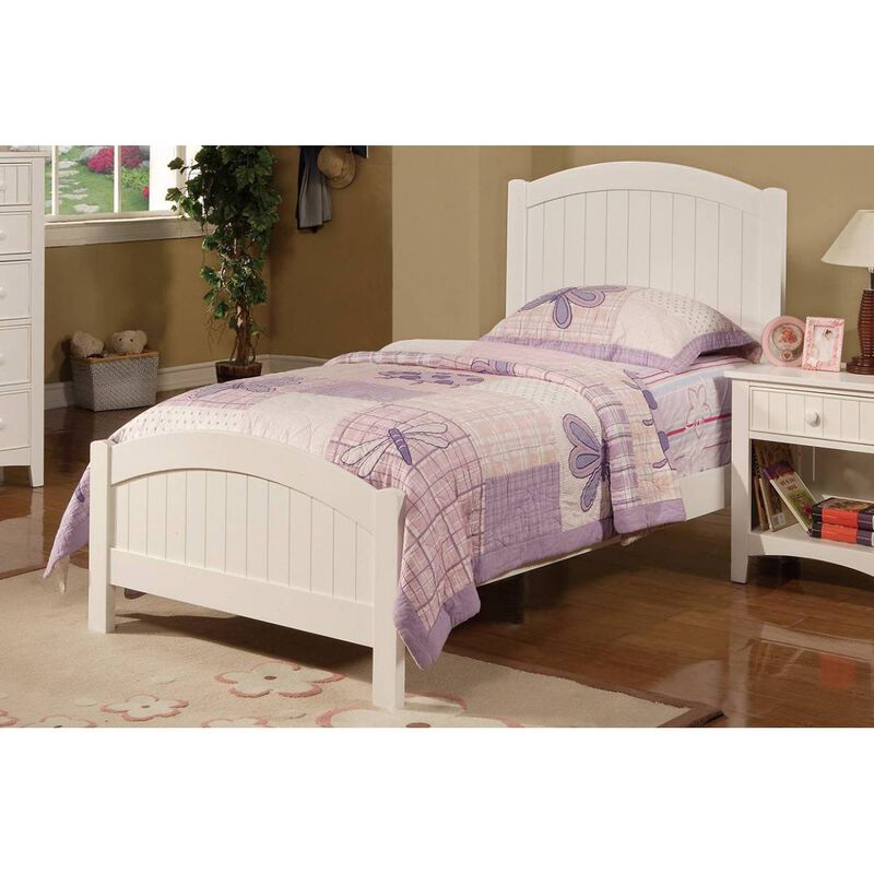 White Color Twin Size Bed Youth Bedroom Furniture Vertical Lines Carved Headboard Plywood