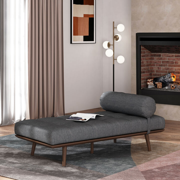 Mid-Century Modern Chaise Lounge with Button-Tufted Upholstery and Bolster Pillow