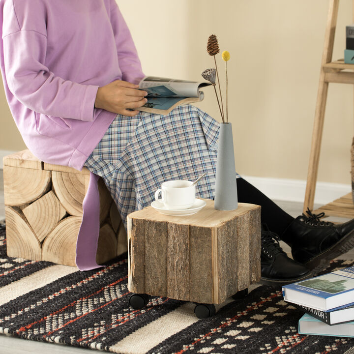 Accent Decorative Natural Wooden Square Stump Stool, with Wheels for Indoor and Outdoor