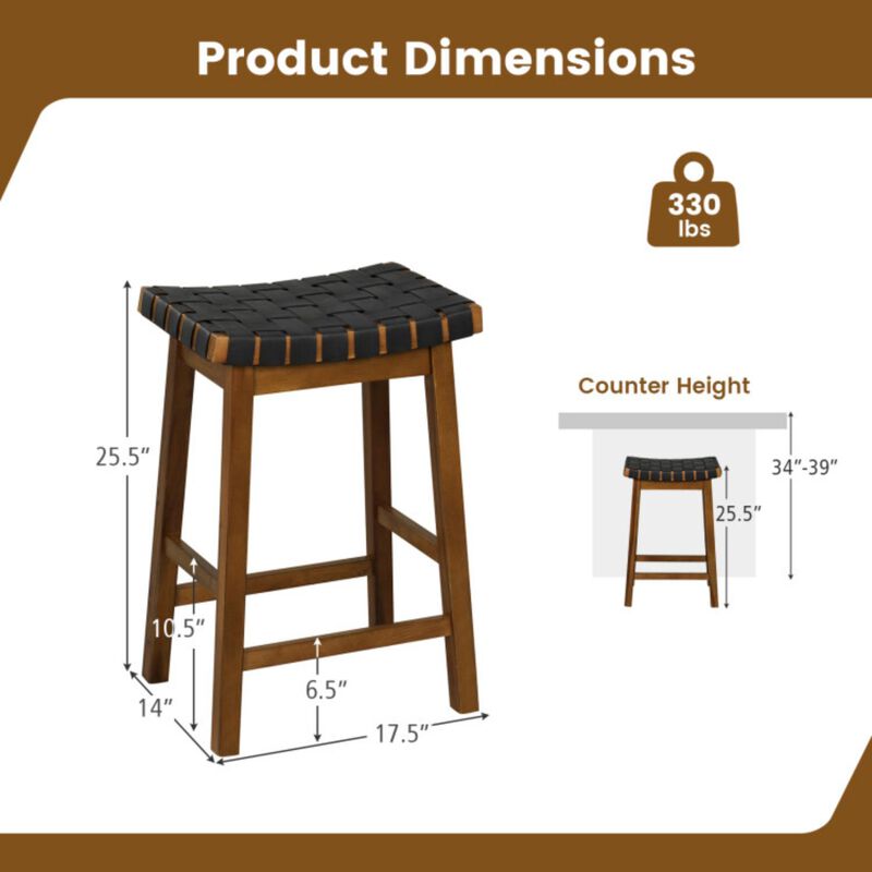 Hivvago Faux PU Leather Bar Height Stools Set of 2 with Woven Curved Seat
