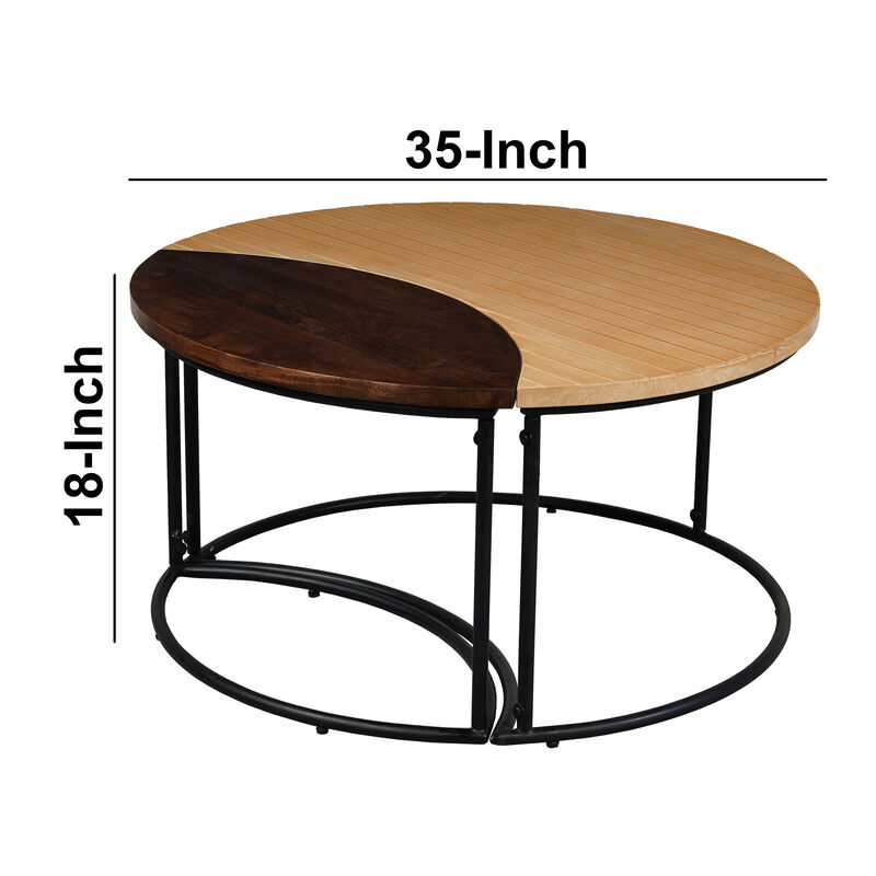 35 Inch 2 Piece Coffee Table with Black Iron Frame, 2 Tone Mango Wood Top In Natural Brown and Walnut - Benzara