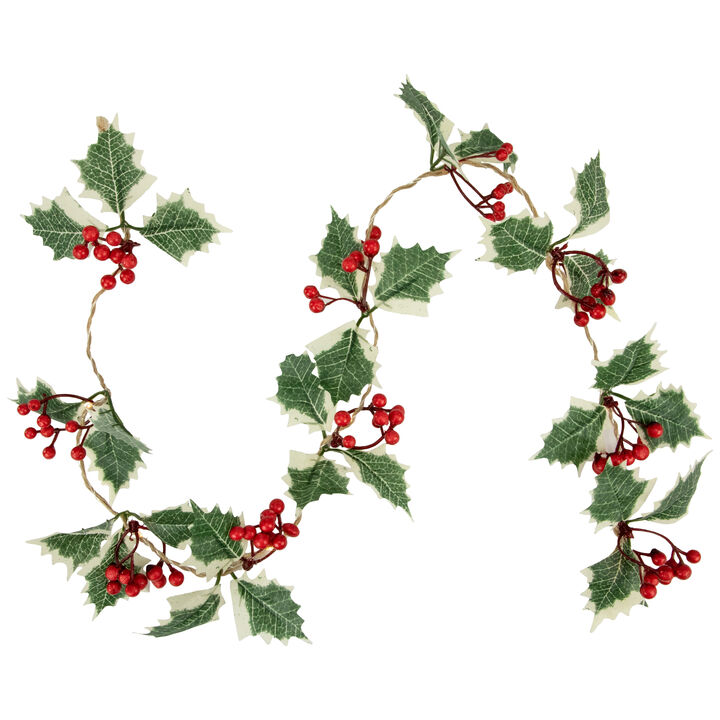 3" x 3.25' Pre-Lit Holly and Berry Christmas Garland  Warm White LED Lights
