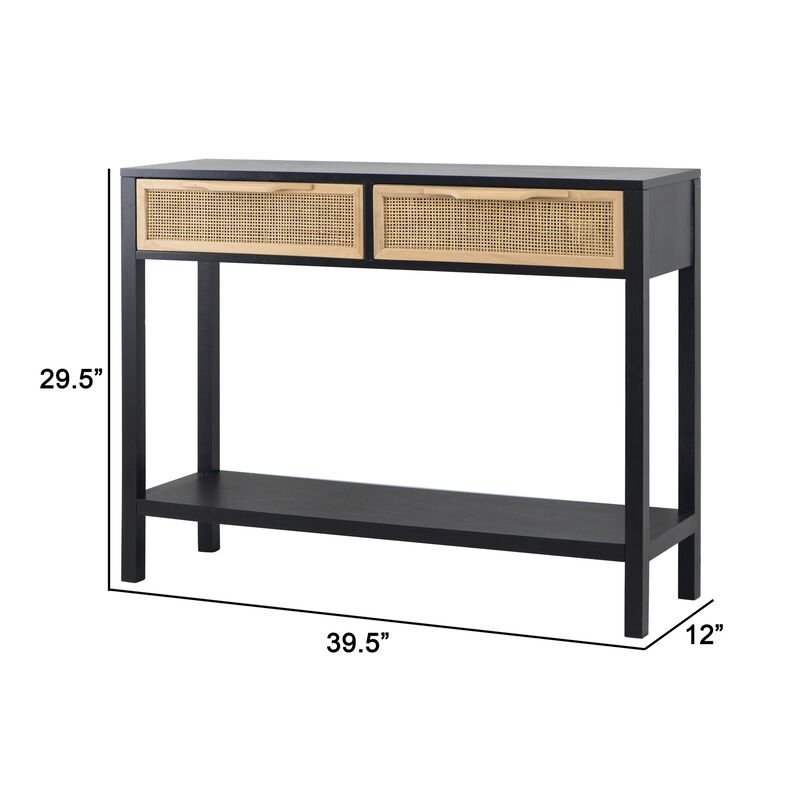 Dana 39 Inch Sofa Console Table, 2 Rattan Drawers, Black Finish, Brown-Benzara