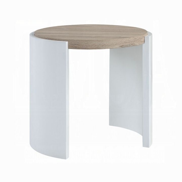 Romani Side End Table, White High Gloss Wood, Brown Top, Oval 26 Inch - Benzara