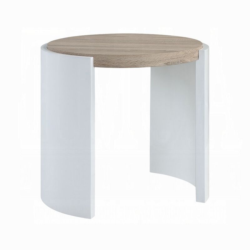 Romani Side End Table, White High Gloss Wood, Brown Top, Oval 26 Inch - Benzara
