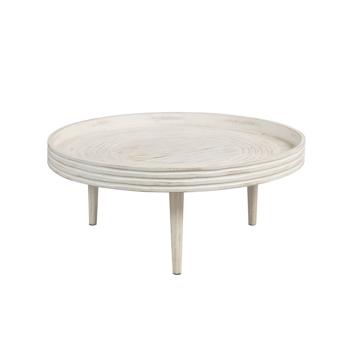 33 Inch Coffee Table, Solid Mango Wood, Handcrafted Round Grooved Raised Edge, Distressed White - Benzara