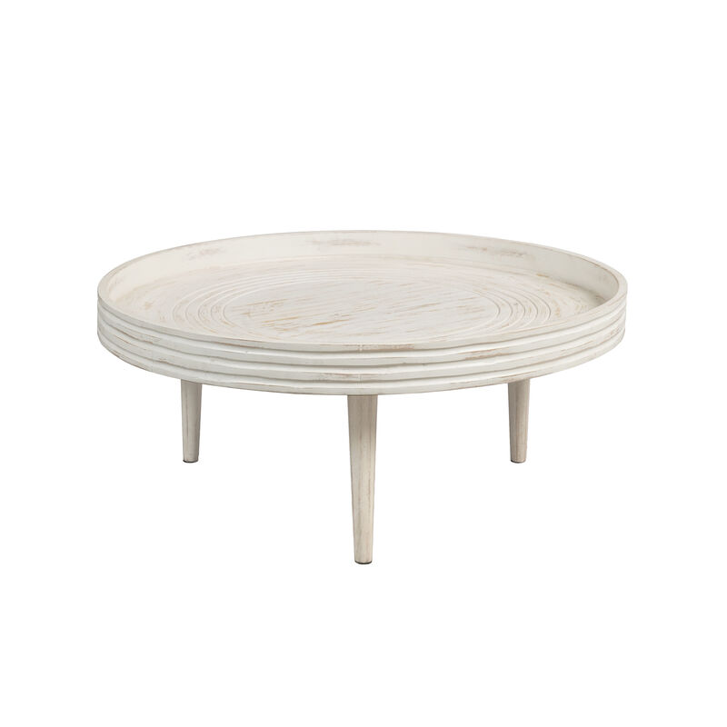 33 Inch Coffee Table, Solid Mango Wood, Handcrafted Round Grooved Raised Edge, Distressed White - Benzara