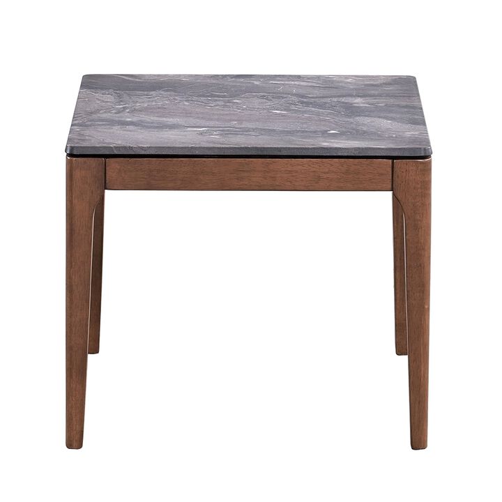 Evis Side End Table, 24 Inch Square Gray Faux Stone Top, Brown Wood - Benzara