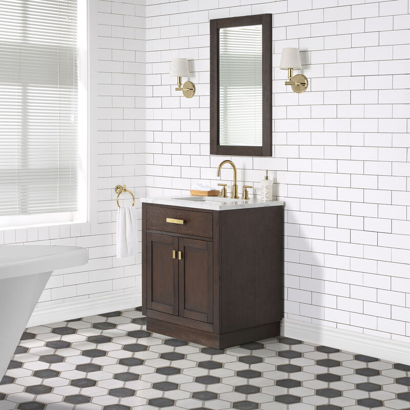 Chestnut 30 In. Single Sink Carrara White Marble Countertop Bath Vanity In Brown Oak with Satin Gold Hardware