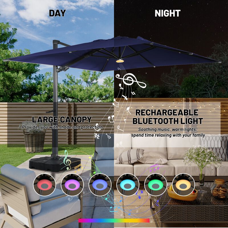 10 ft 360° Rotation Square Cantilever Patio Umbrella with BaseandBT in Navy Blue
