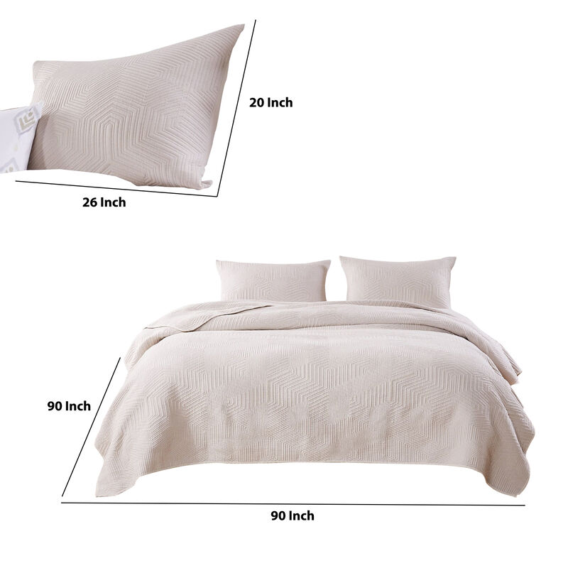 3 Piece Microfiber Full Size Quilt Set with Geometric Print, Cream - Benzara