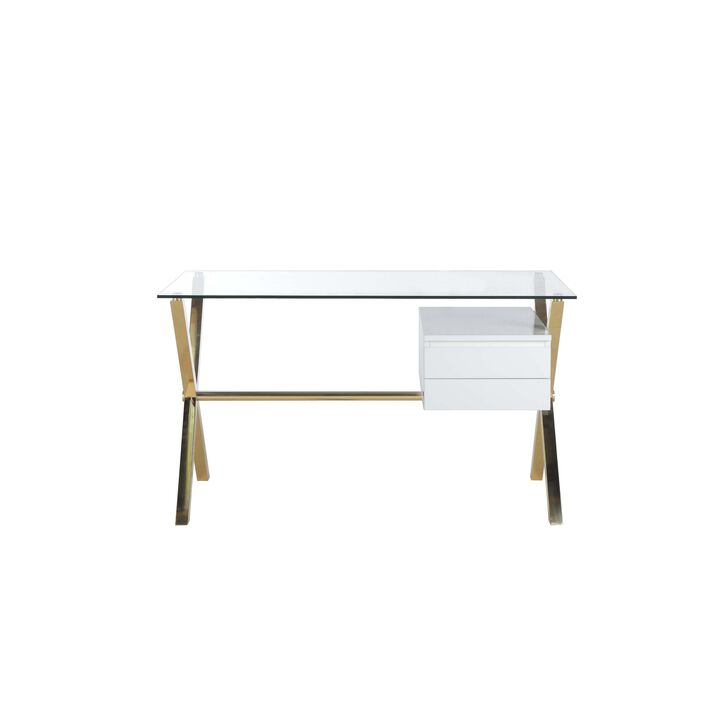Tia Office Desk, 51 Inch Rectangular Glass Top w 2 Drawers, White Gold - Benzara