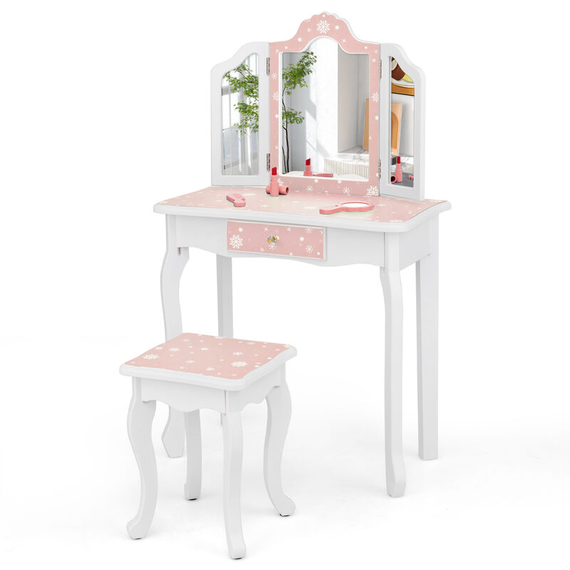 Princess Pretend Play Makeup Table and Stool Set with Tri-folding Mirror