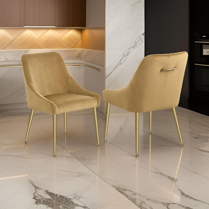 Maya Dining Side Chair Set of 2, Brown Velvet, Brass Plated Metal Legs - Benzara