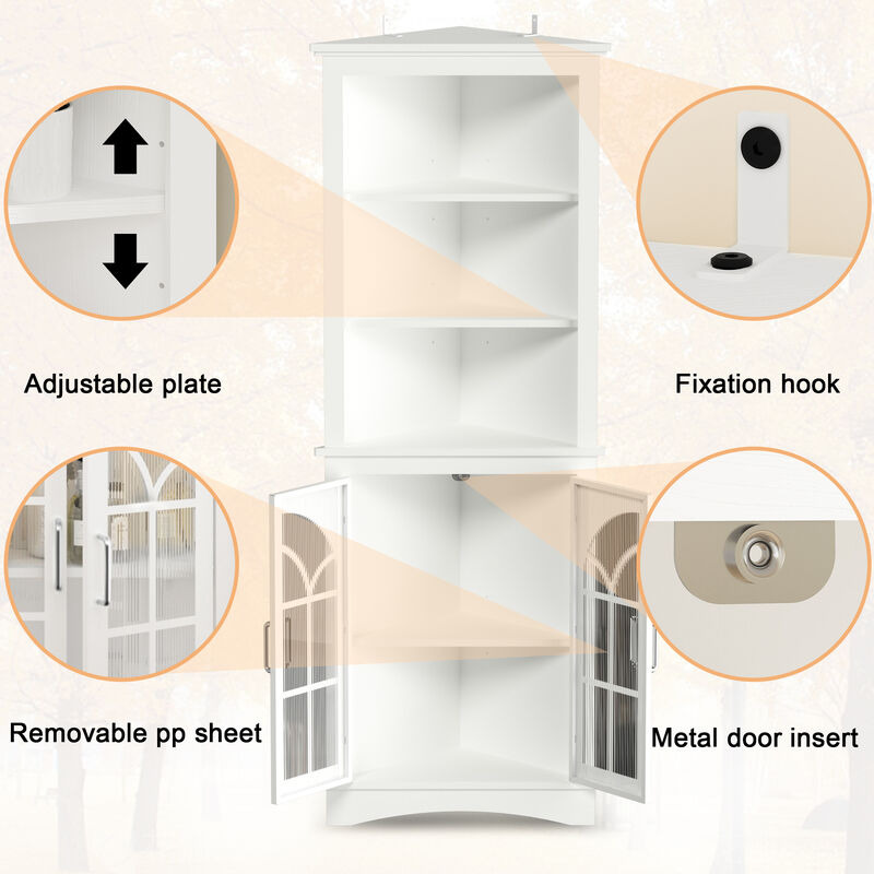 MONDAWE 63.3" Tall Freestanding Bookcase Corner Storage Cabinet with Doors and Adjustable Shelves 5-Tier Corner Display Cabinet
