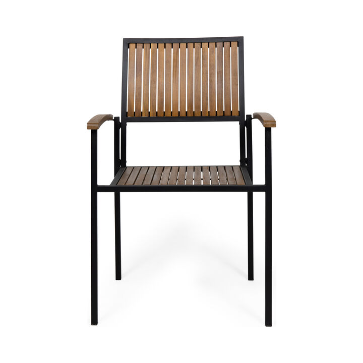 Side Dining Chair Set of 2, Outdoor Slatted Brown Acacia Wood, Black Iron - Benzara