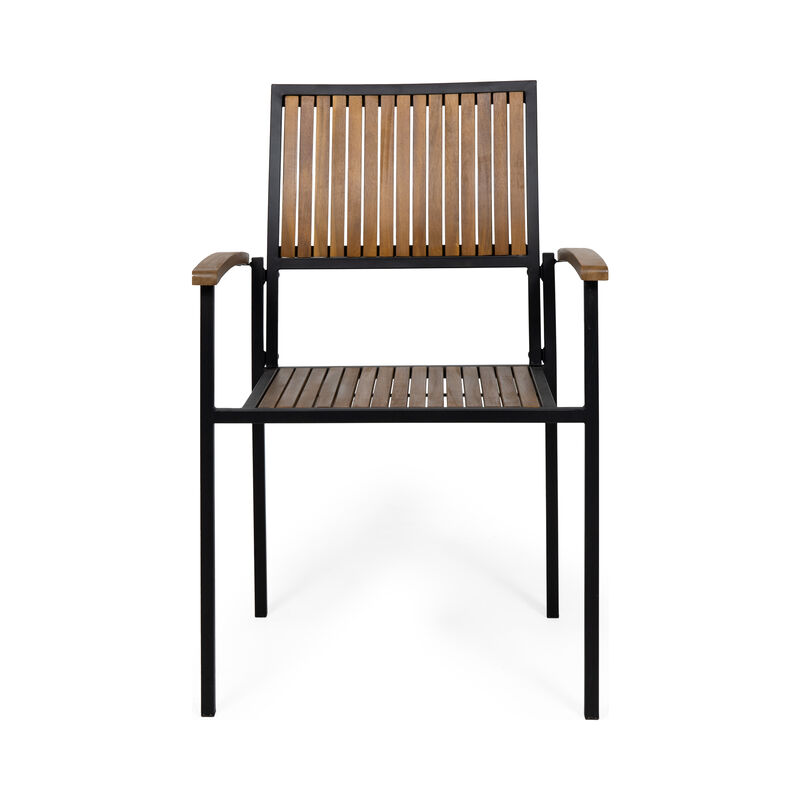 Side Dining Chair Set of 2, Outdoor Slatted Brown Acacia Wood, Black Iron - Benzara