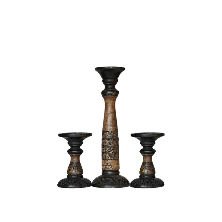 Traditional Black Wash Eco-friendly Handmade Mango Wood Set Of Three 6",15" & 6" Pillar Candle Holder