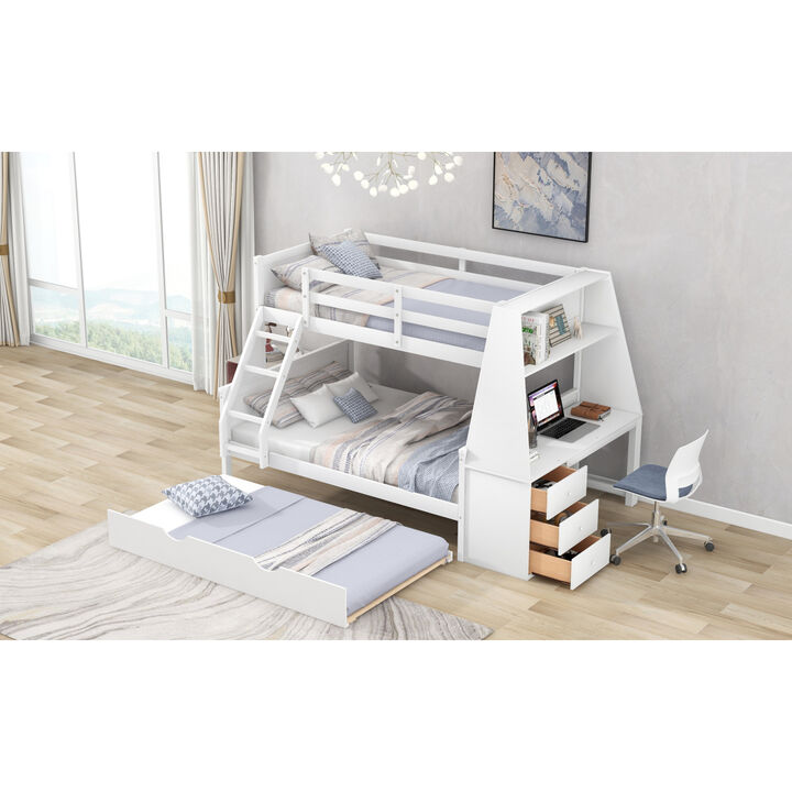 Twin Over Full Bunk Bed With Trundle And Built-In Desk, Three Storage Drawers And Shelf