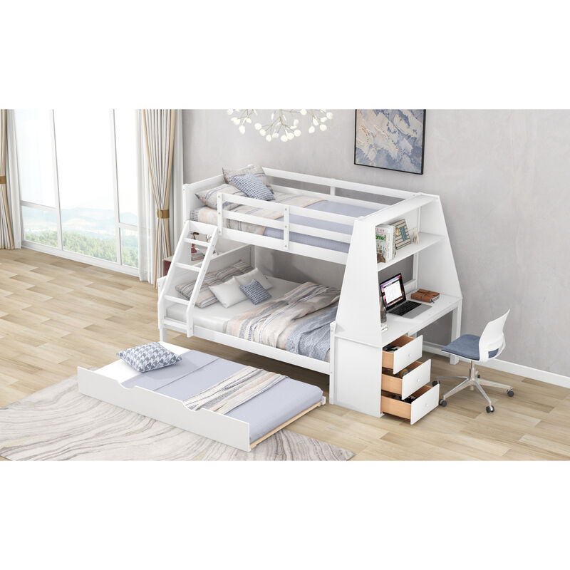 Twin Over Full Bunk Bed With Trundle And Built-In Desk, Three Storage Drawers And Shelf