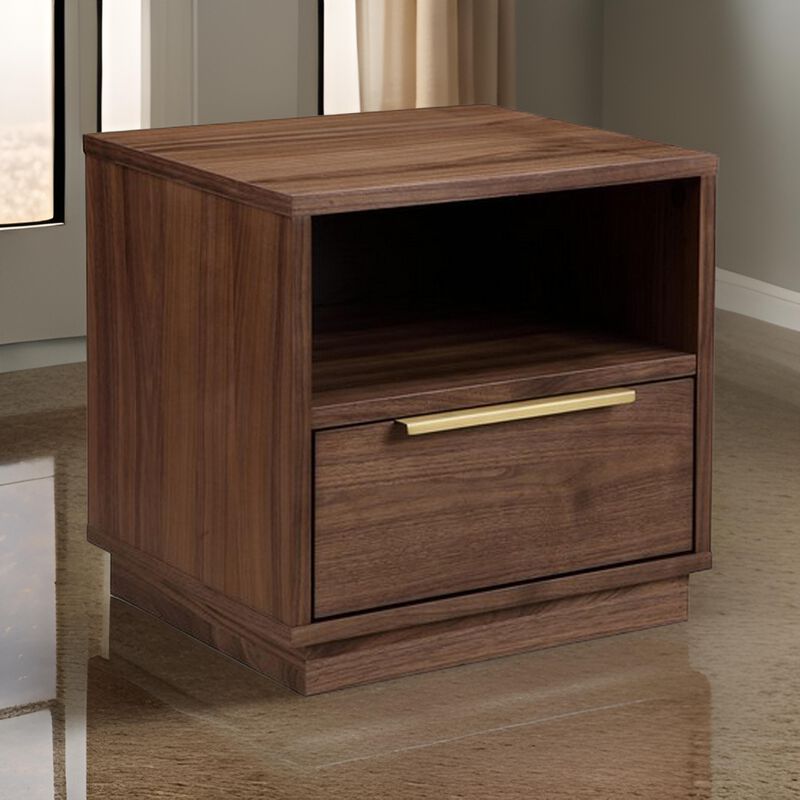Tommy 18 Inch Nightstand, 1 Drawer with Handle, 1 Storage Cubby, Brown Gold - Benzara