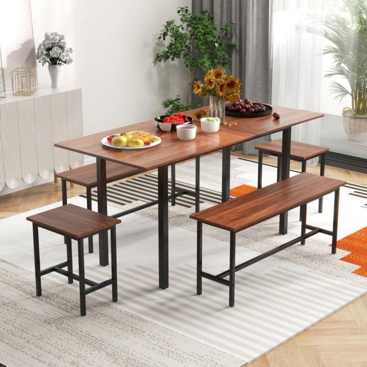 5 Piece Dining Table Set for 4-6 with 2 Benches & 2 Stools for Kitchen Dining Room