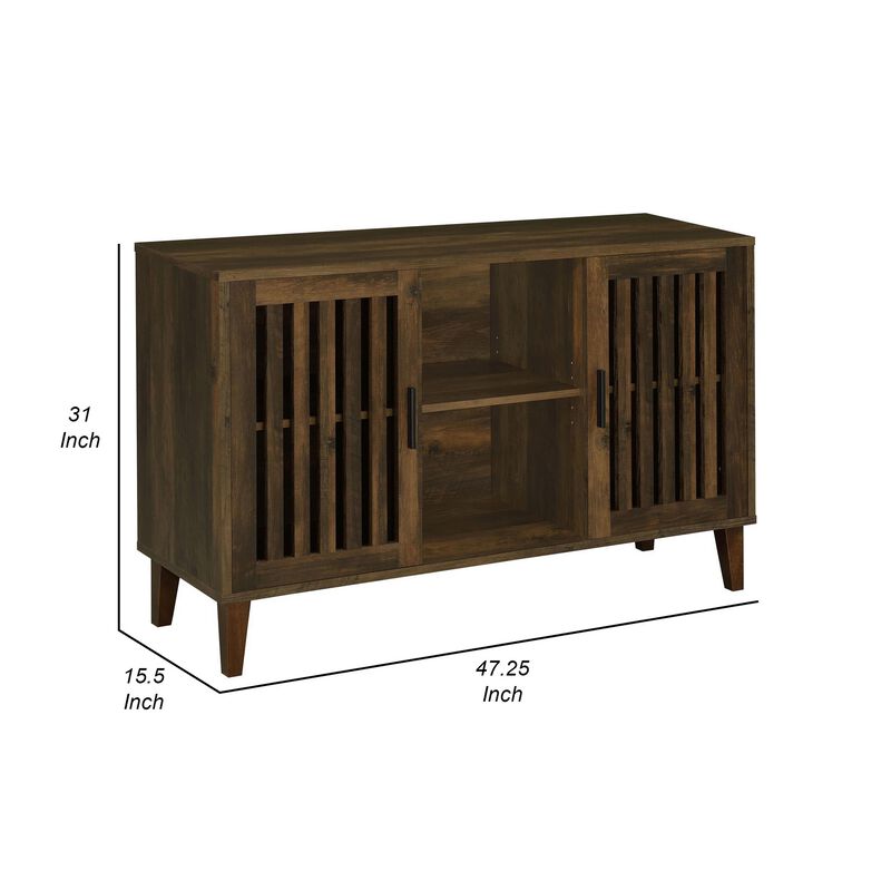 47 Inch Accent Cabinet, Slatted Design, 2 Shelves, Brown and Black Finish - Benzara