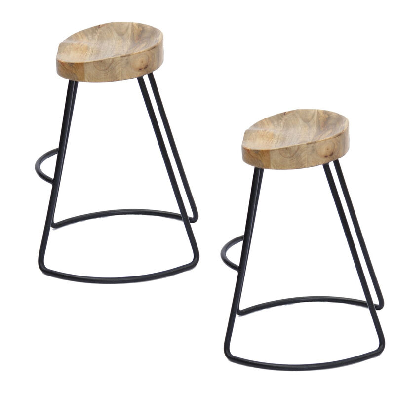 Ela 30 Inch Mango Wood Industrial Barstool, Saddle Seat, Iron Frame, Set of 2, Brown, Black-Benzara