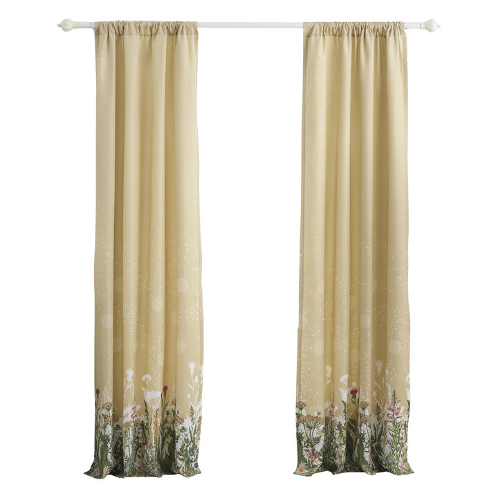 84 Inch Window Curtains, Beige Microfiber Fabric, Wildflower Print Design - Benzara