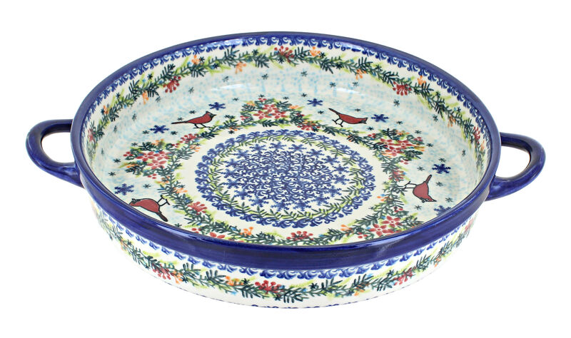 Blue Rose Polish Pottery Spring Blossom Large Round Baker with Handles