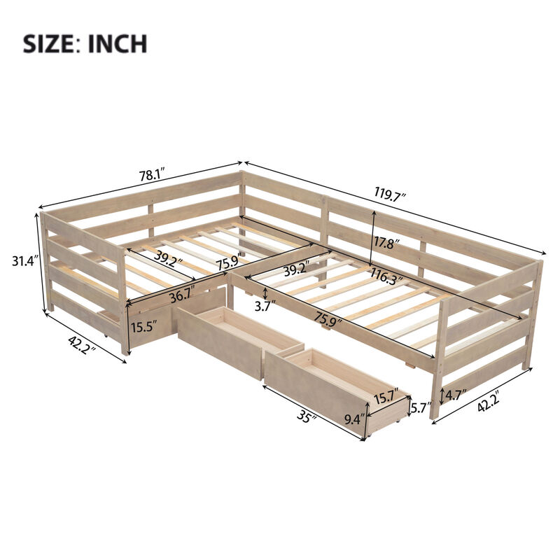 Merax L-shaped Platform Bed with 3 Storage Drawers