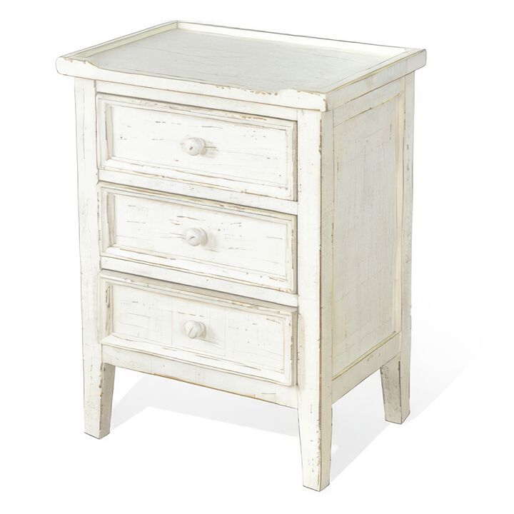 Rena Side End Table with 3 Drawers, 19 Inch Rustic White Mahogany Wood - Benzara